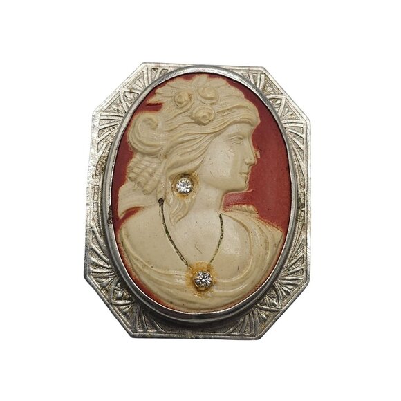 Victorian Cameo Pin C Clasp Rhinestone Accents Oval Portrait Silver Tone Frame - Picture 1 of 4